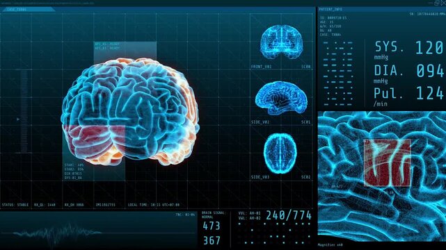 A blue toned X ray style scan of the human brain showing detailed anatomy and neural structures in a modern medical and technology inspired illustration