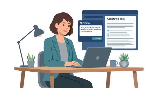 Woman Working on Laptop at Desk in Office.