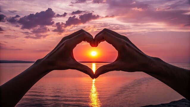 Heart Shape Hands Framing Sunset Over Ocean Romantic Love Nature Concept
