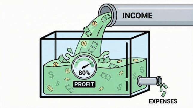 positive cash flow business concept. Income flowing into a tank with profit gauge and expenses leaking out.