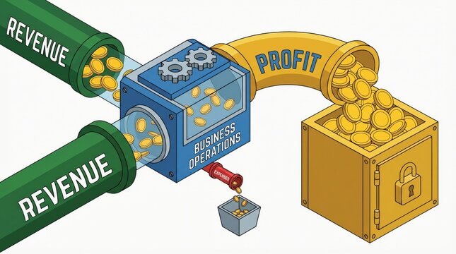 positive cash flow business concept. Business revenue flows into operations and converts into profit, secured in a safe