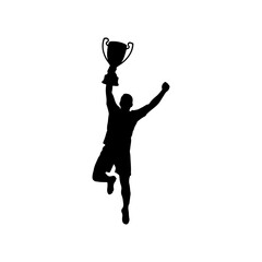 Solid black silhouette of a footballer lifting a trophy in a proud victory celebration pose Vector illustration © Roni