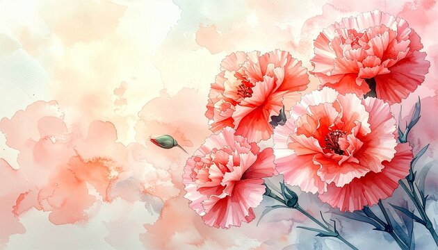 明るい暖色系背景の水彩画風ピンクカーネーションのブーケイラスト