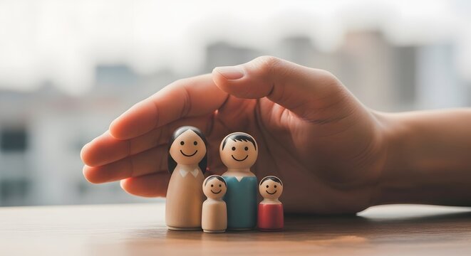 Protecting our future a hand sheltering wooden peg people representing family