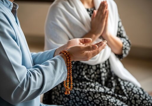 Muslim Couple Praying Together with Tasbih Prayer Beads. Generative Ai