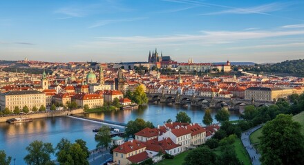 Fototapeta premium Aerial View of Prague Cityscape with Vltava River and Castle.