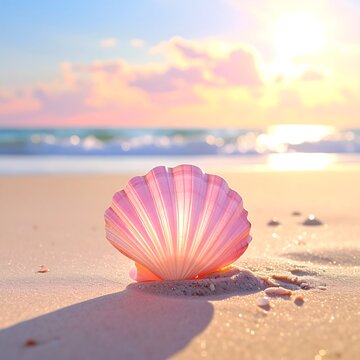 A pink seashell on a sandy beach at sunset (1)
