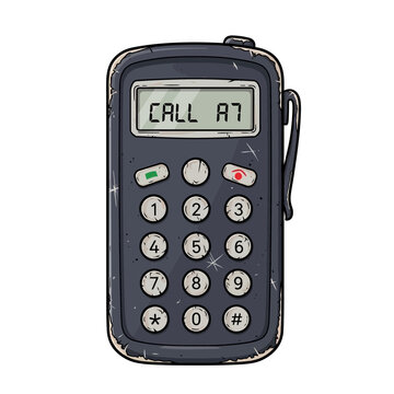 Retro pager communication device with LCD screen displaying "CALL A7"