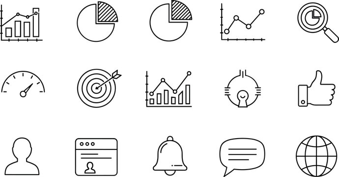 Business analytics and user interface outline icon set with charts, targets, communication, and profile symbols for digital applications