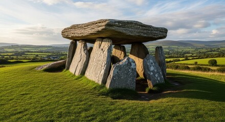 Naklejka premium Ancient Stone Structure in a Lush Green Landscape.