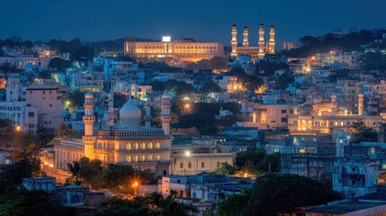 Obraz premium Scenic Night View of City Skyline with Illuminated Mosque and Minarets