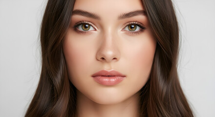 Fototapeta premium Captivating close-up portrait of a young woman, showcasing her radiant natural beauty, striking eyes, and graceful features in a serene and elegant composition
