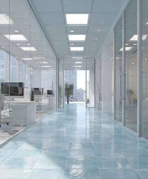 Modern office hallway with glass walls and cubicles on the left. The hallway leads to an exterior view