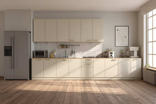 A modern kitchen scene featuring light-colored cabinetry, stainless steel appliances, and a large window with sunlight streaming in