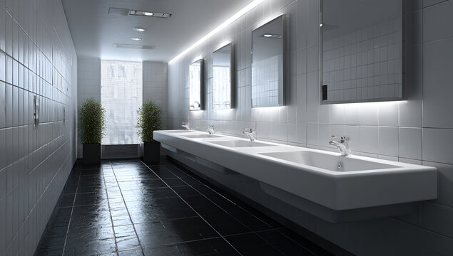 Modern, spacious public restroom with a long countertop and multiple sinks, mirrors, and minimalist design. Bright overhead lighting and a tile aesthetic