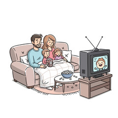 Naklejka premium Family enjoying watching television together on couch with popcorn and blanket, illustration of happy bonding time indoors.