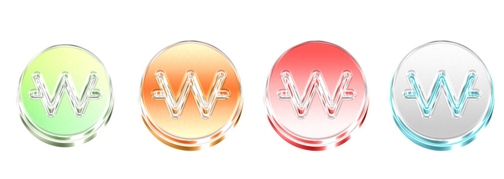 3D Glass Vibrant Currency Krw 3D Icon Pack Isolated on Transparent Background &ndash; Concept of Visual Communication and Branding &ndash; Transparent Liquid Glass Icon &ndash; 3D Illustration