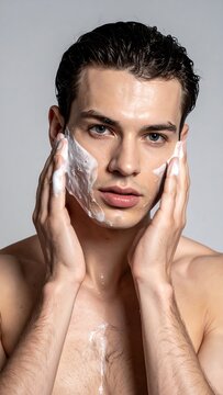 Man washing face with soap.
