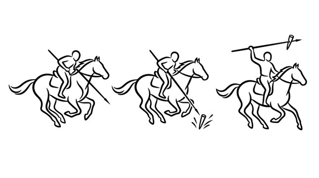 Set of Medieval Knights Jousting on Horseback