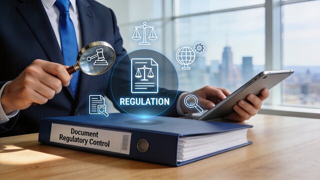 Businessman holding tablet and magnifying glass over regulation document holographic icon shows scales of justice auditing compliance legal check corporate governance strategy