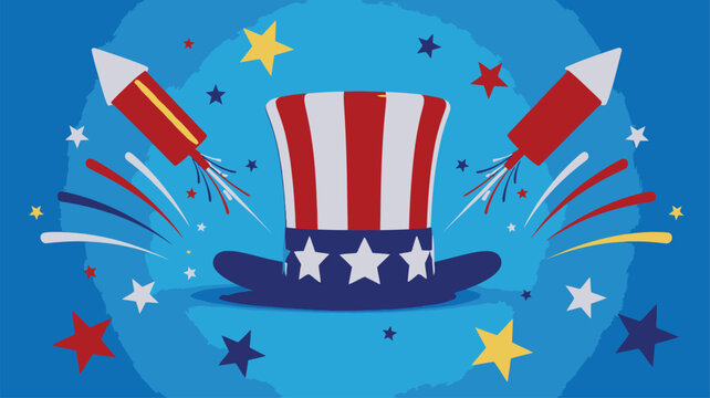 Uncle Sam hat with rockets and stars on blue patriotic background