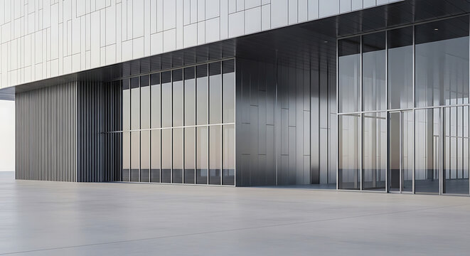 Modern abstract architectural structure featuring sleek titanium cladding and glass facade, industrial metallic building exterior standing on a minimalist concrete foundation.