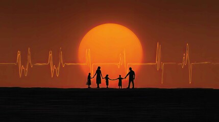 Naklejka premium Family Bonding under the Setting Sun with Heartbeat Line Concept