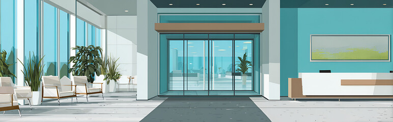 Fototapeta premium A modern, light-filled building interior with large windows, seating, and a reception desk. A glass door opens onto an outside view