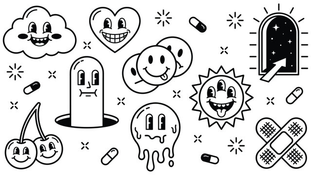 Collection of quirky cartoon stickers with psychedelic faces and surreal elements.