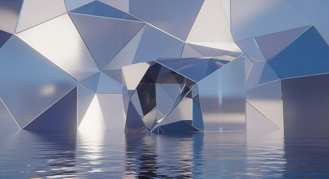 Surreal Minimalist Architectural Render of a Metallic Glass Geometric Shape Floating on a Serene Liquid Water Surface with Abstract Modern Geometry and Futuristic Reflective Design Elements.
