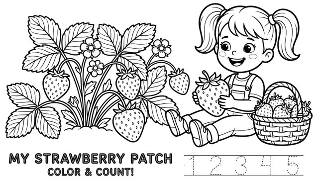 Cute girl picking strawberries in patch coloring and counting worksheet for children.