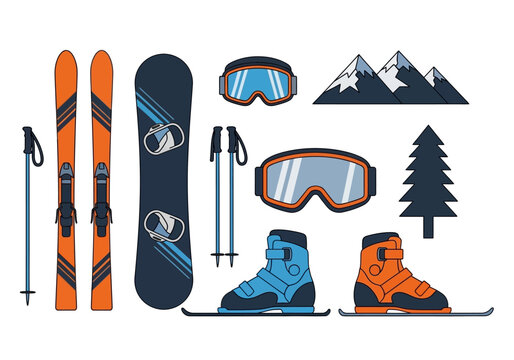 Winter Sports Equipment Icon Set Featuring Skis, Snowboard, Goggles, and Boots in Flat Vector Style