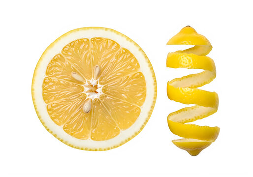 Freshly sliced orange segment with spiral twist on a clean surface
