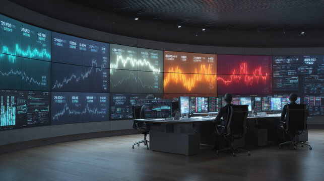 Stock Market Analysis Room: Capturing the energy of a cutting-edge stock market analysis room, where advanced technology and keen minds converge to dissect the intricacies of global finance.