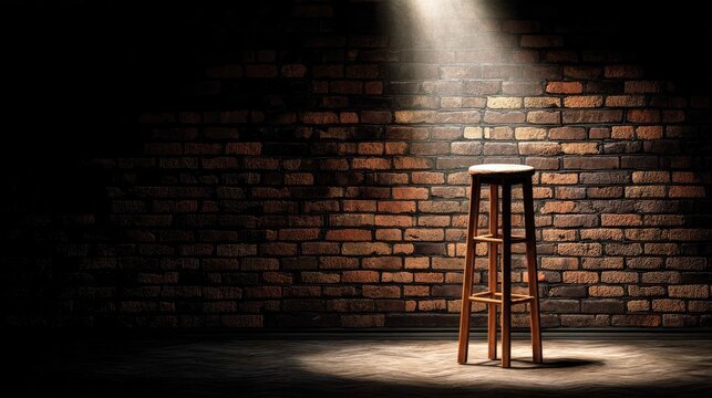 Wooden stool illuminated under spotlight against brick wall background