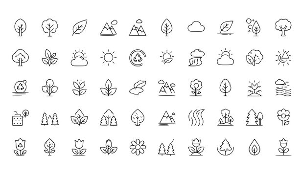 Nature outline icon set vector with tree leaf mountain sun forest editable stroke linear collection