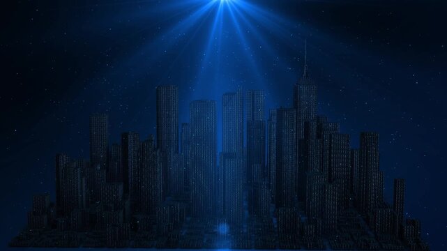 Technology Concept Smart City Visualization Information Lines, City Shot At Night. Night Digital City Light Beam High Speed Communication Financial District. Modern City communication network Big Data