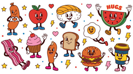 Retro cartoon food character set with vintage rubber hose style mascot sticker collection. © Md