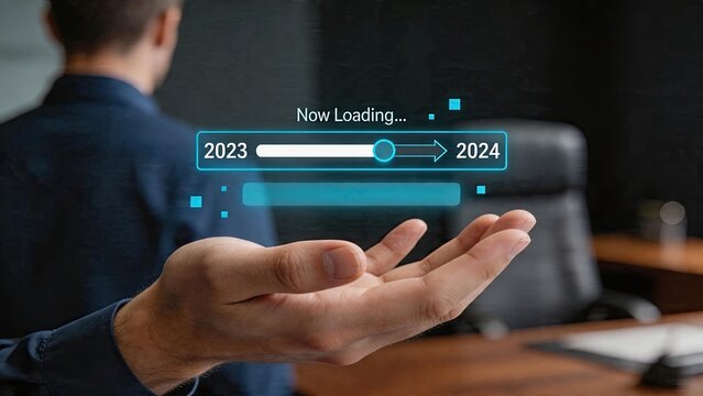Businessman holding hologram screen showing progress bar transition from year 203 to 2024 Now Loading text overlay symbolizing new beginnings