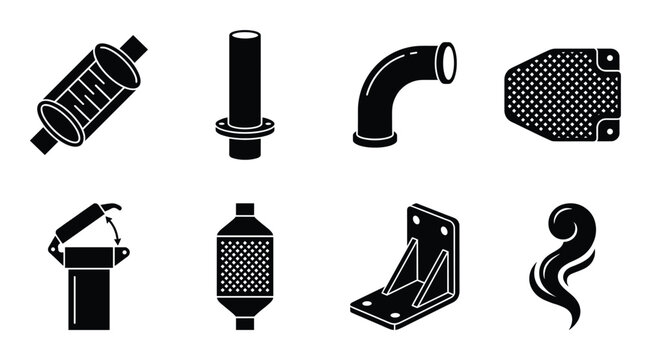 Automotive exhaust system components muffler pipe bend filter and insulation shield icons
