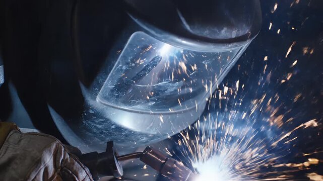 Close-up of a welder wearing protective gear and welding with sparks flying everywhere in a dark background.