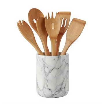 Set of wooden spoons and spatulas arranged in a marble holder