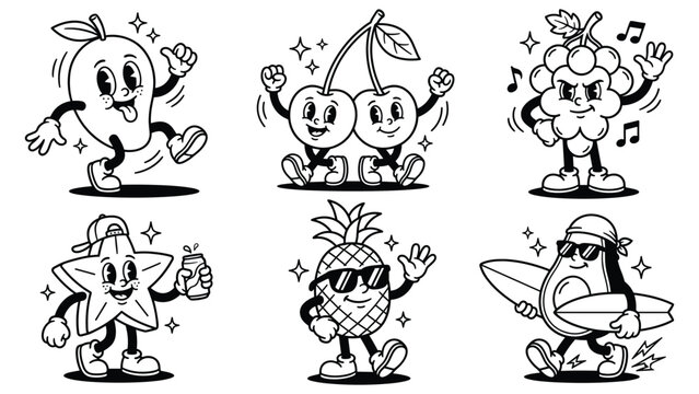 Vintage cartoon fruits characters dancing and having fun with music and sparkles.