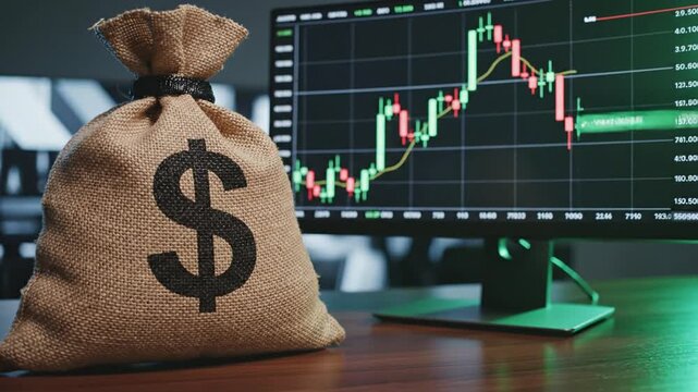 A money bag with a dollar sign sits on a desk with a computer displaying a stock market graph showing video money trends.