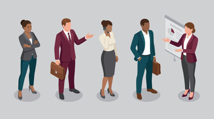 Obraz premium Diverse isometric business professionals like project managers and sales executives standing or presenting, concept for corporate leadership training, recruitment skills and office productivity