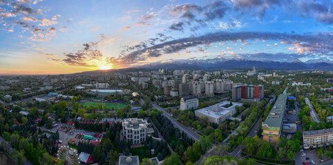 Fototapeta premium A quadcopter view of Almaty, Kazakhstan, on a spring morning.