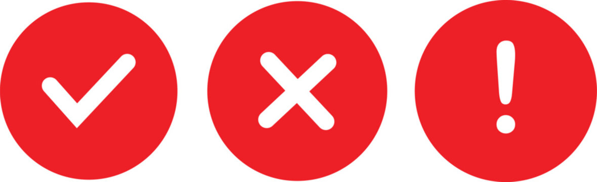 Validation status icons set with check mark cross and exclamation symbols red circle buttons approval error warning UI vector isolated on transparent background.