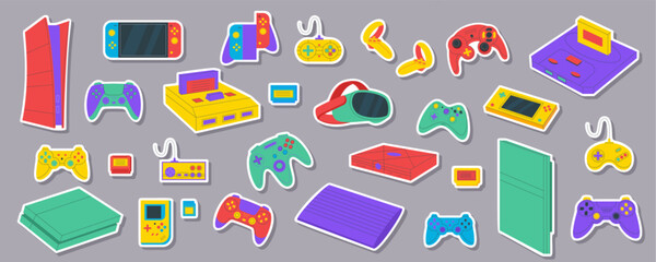Retro cartoon console and controller sticker collection in flat style. Gamepad, joystick, and video game gadget art as playful game element with colorful tone vintage inspiration for fun © Olga Teplova