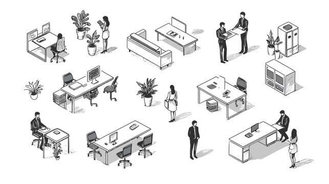 Isometric Office Scenes with People and Furniture.