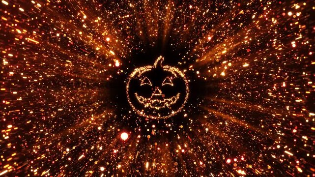 Fiery Particle Skull Explosion forming face. for Halloween visuals, horror intros, dramatic effects blazing sparks radiate outward creating intense cinematic energy dark supernatural mood. 3D
